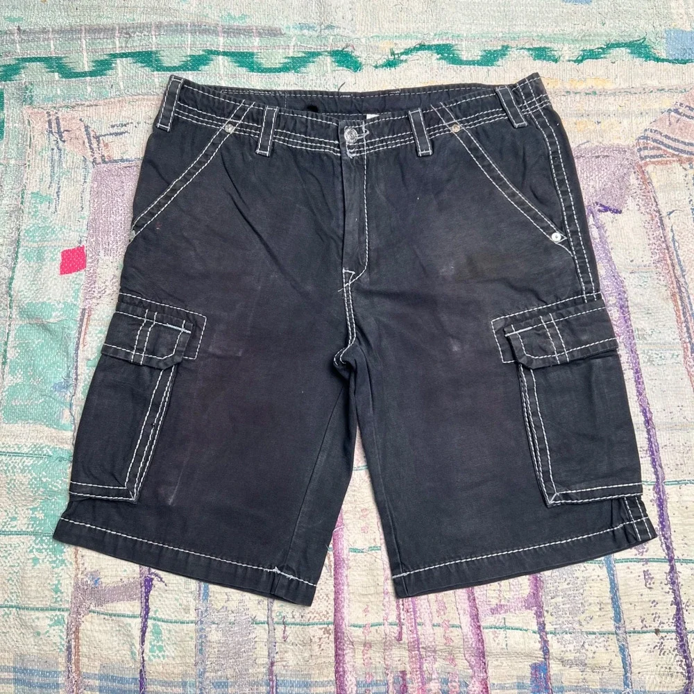 True Religion Shorts Men's 40 Jet Black Cargo Shorts Utility Pockets