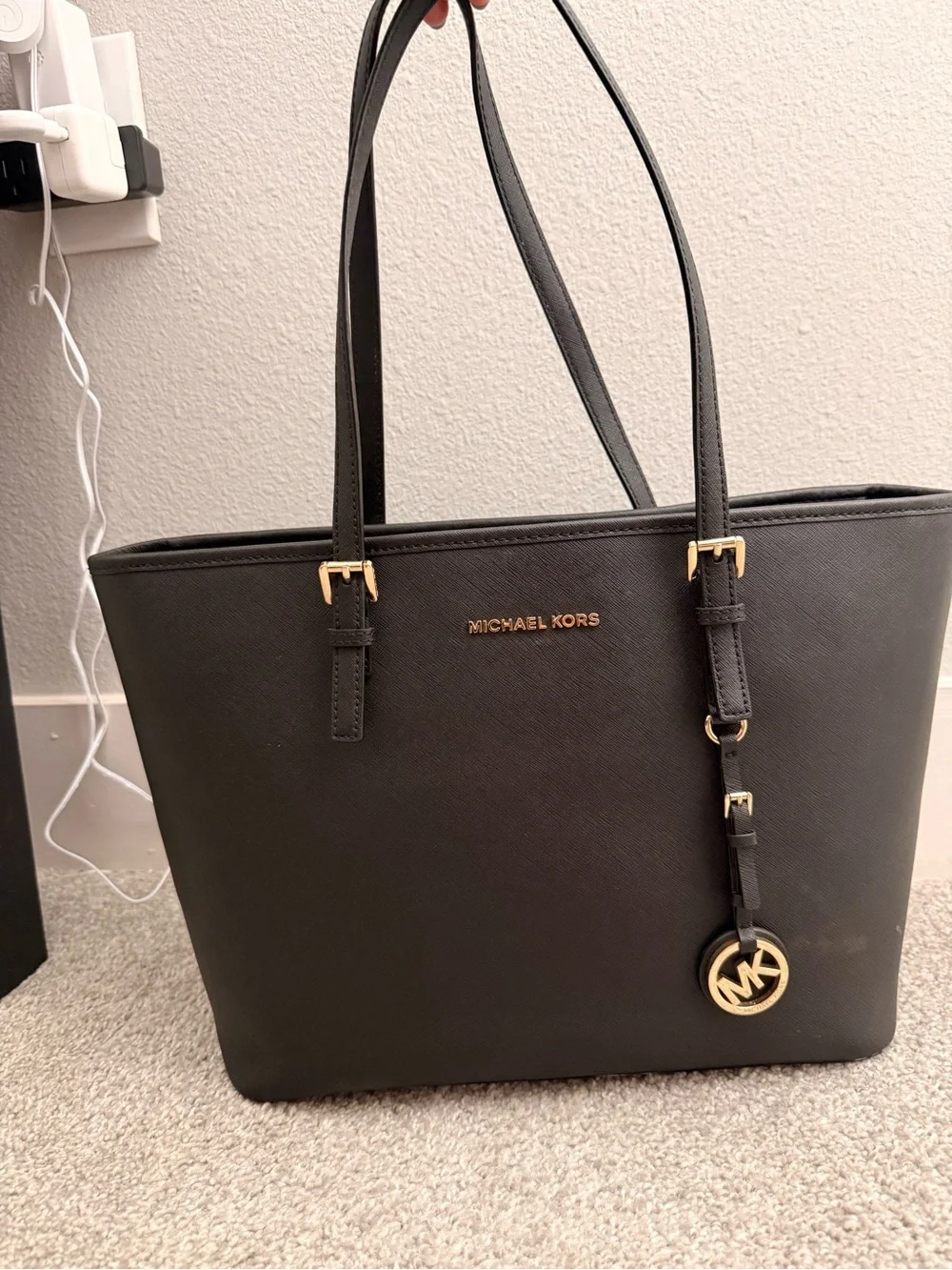 MICHAEL KORS Black Tote with Gold Hardware and MK Charm