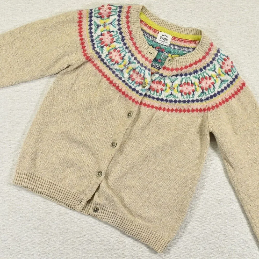 Mini Boden Girls Fair Isle Cardigan Sweater Oatmeal Beige Yoke Button Front 9-10