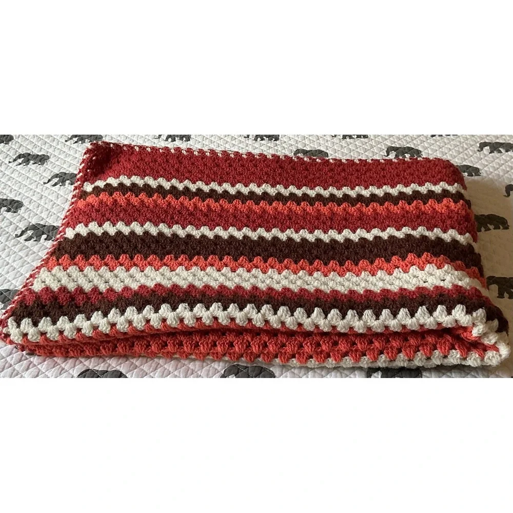 Vintage Handmade Crochet Afghan Blanket Retro Striped Lap Throw 59x38 Mid Centur