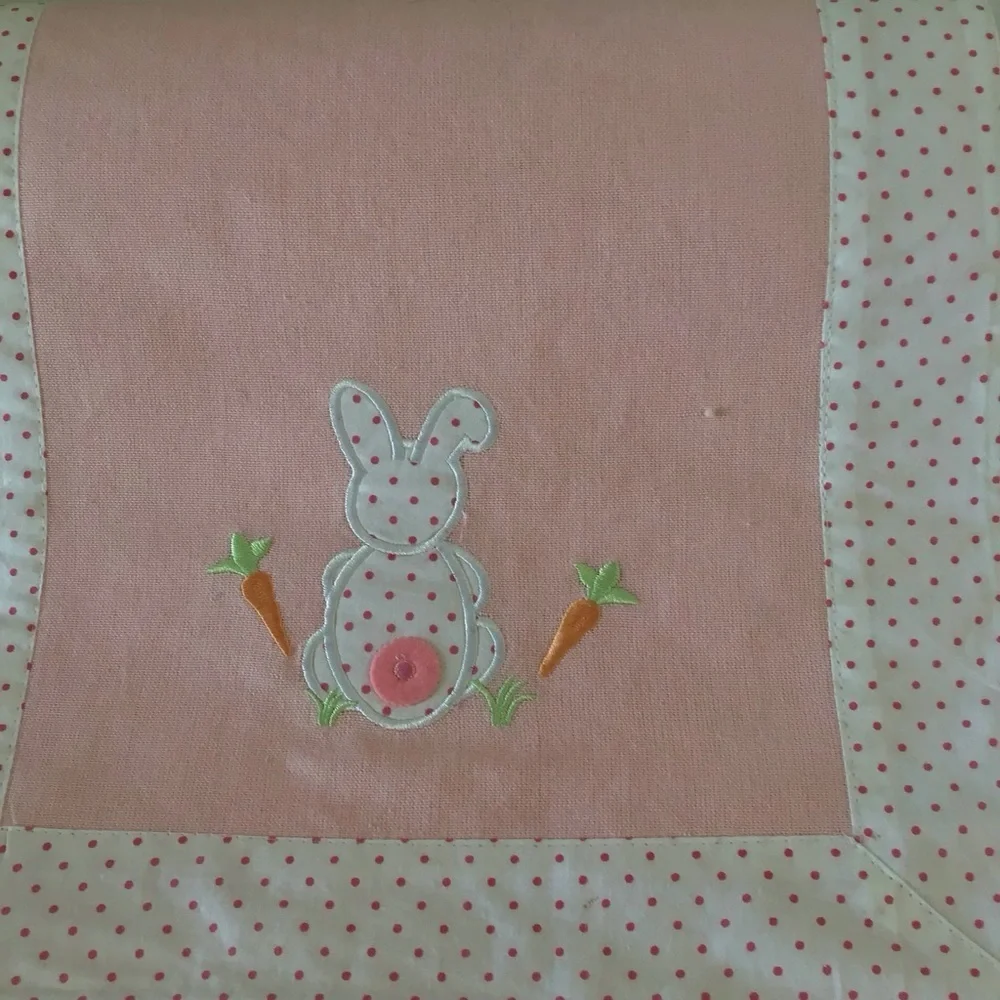 Easter table runner it’s beautiful pink with white polka‎ dot border - bunnies!