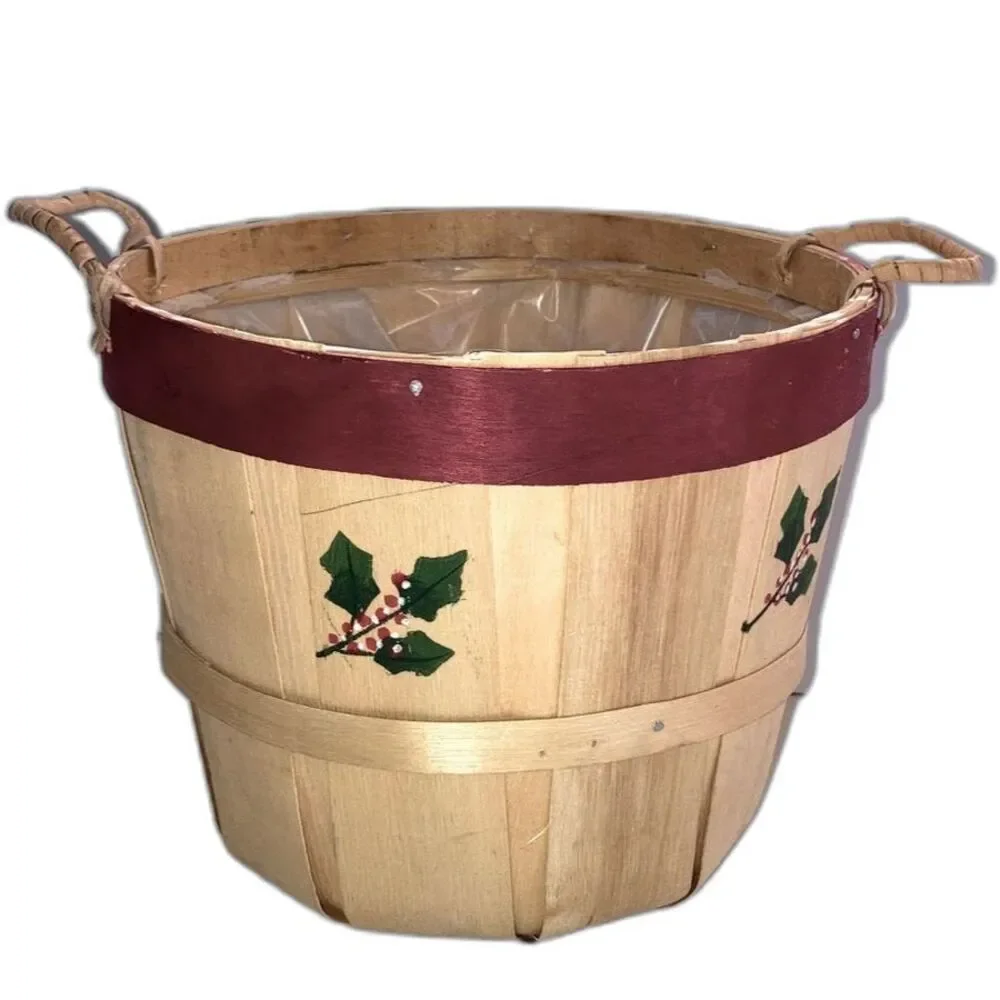 BUSHEL BASKET Small Apple Basket with Handles Holiday Holly