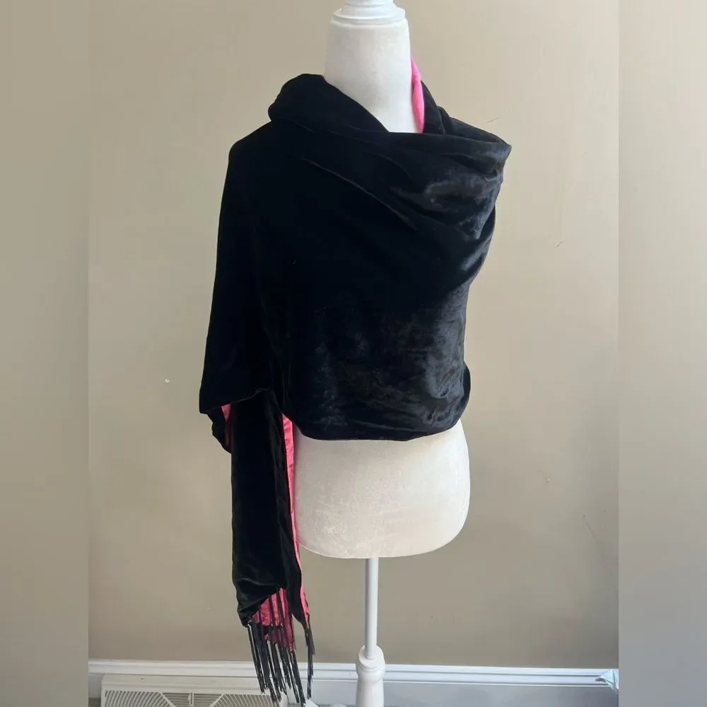 Black Velvet Wrap Shawl with Pink Lining