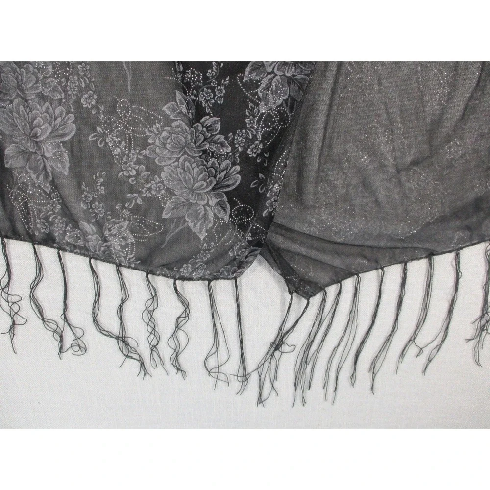 Black Floral Mesh Wrap Scarf Silver Glitter Sheer Goth with Fringe Trim 54x18.5‎