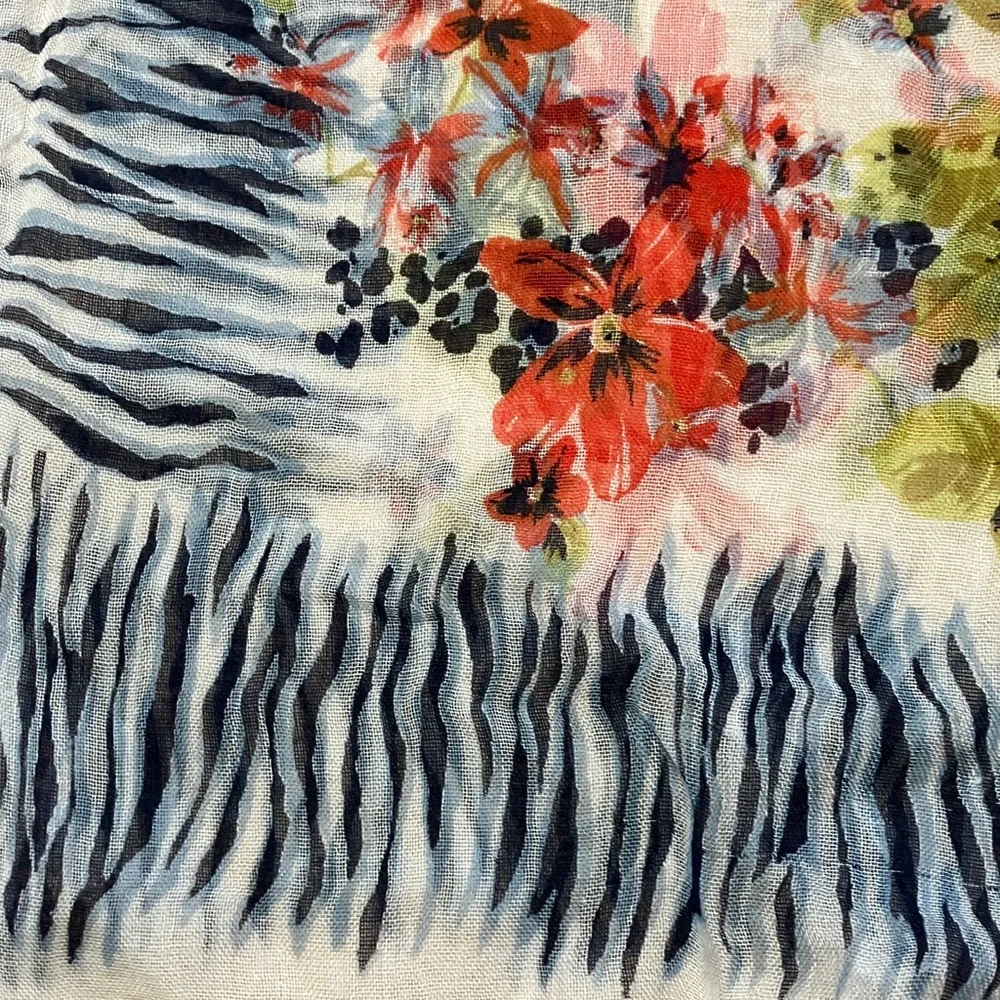 Multi colored Floral print and blue‎ stripes Light Scarf NWT