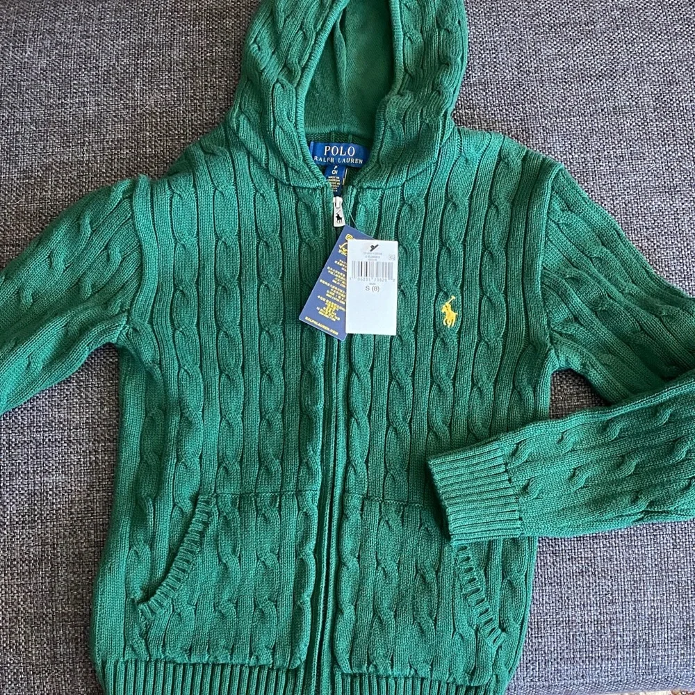 NWT Green Polo Ralph Lauren Hooded Zip Cable Knit Sweater, Boys S/8