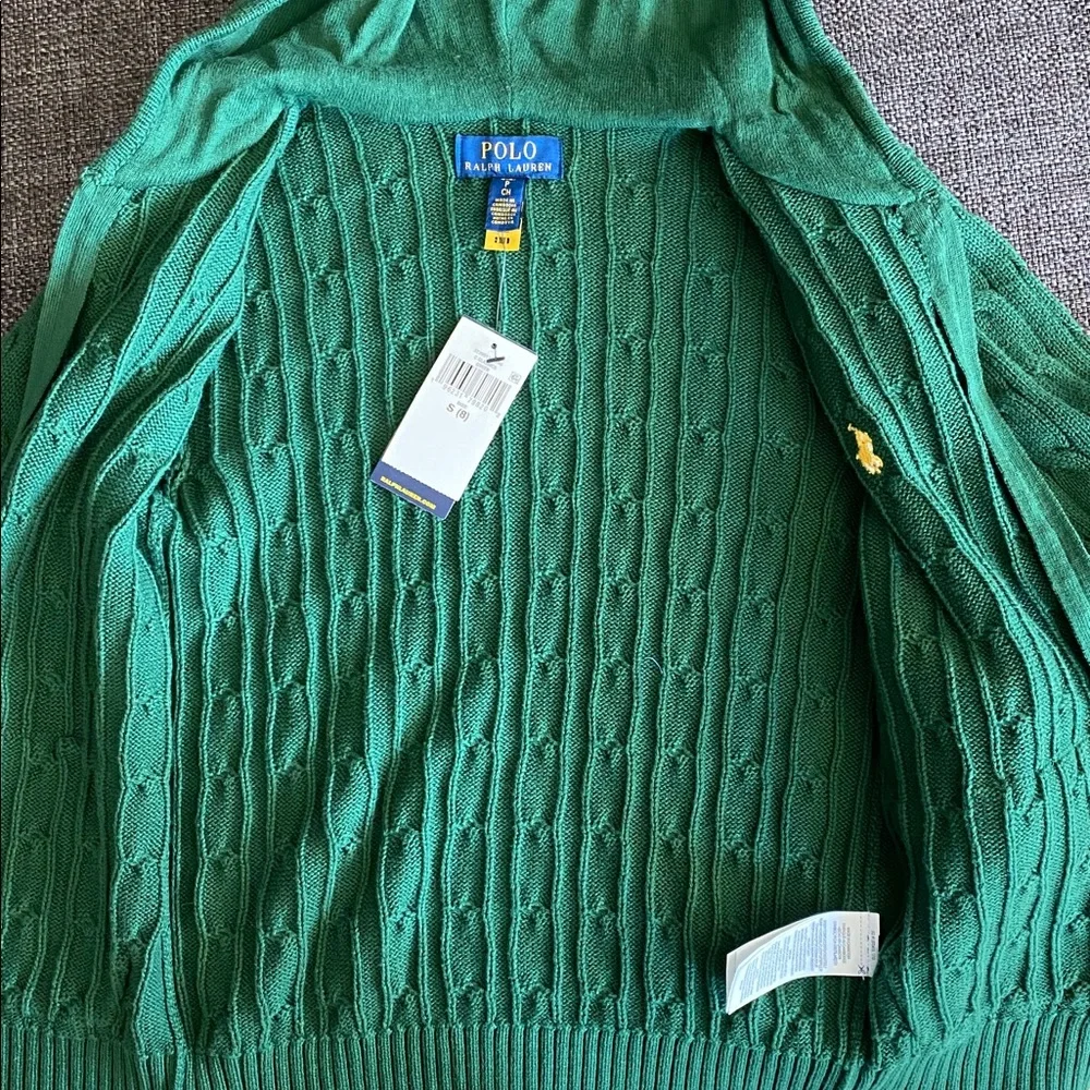 NWT Green Polo Ralph Lauren Hooded Zip Cable Knit Sweater, Boys S/8