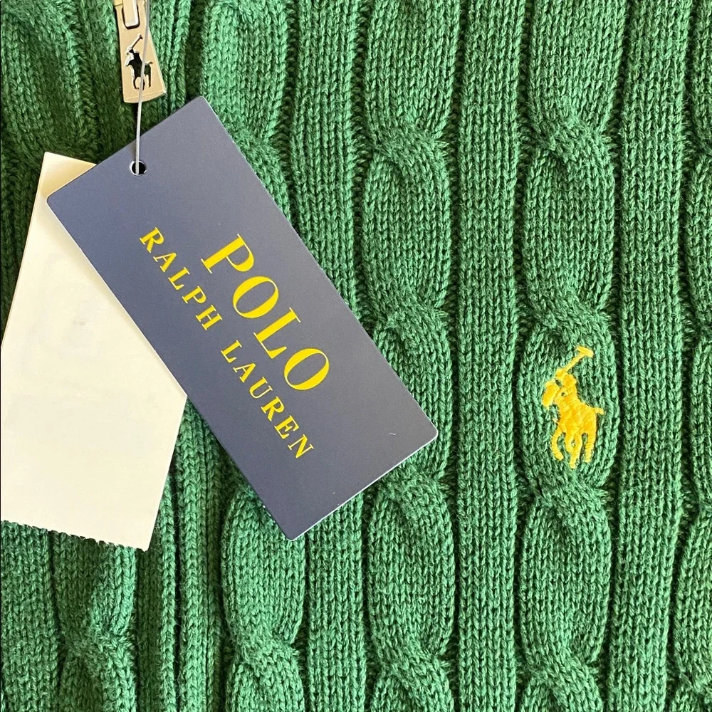 NWT Green Polo Ralph Lauren Hooded Zip Cable Knit Sweater, Boys S/8
