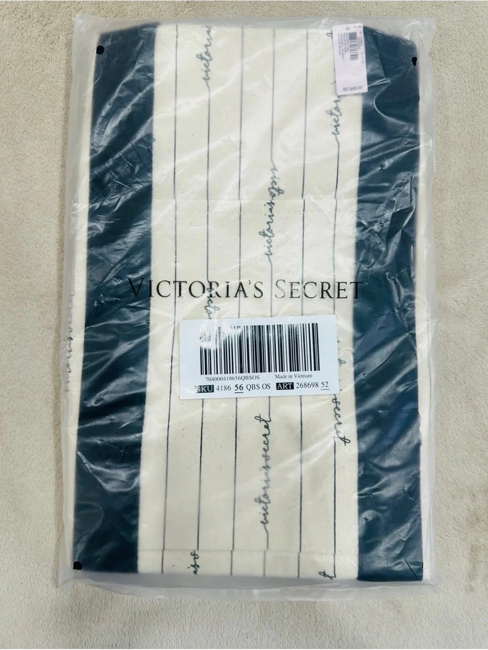 Victoria's Secret Cream and Navy Striped Travel Tote Bag