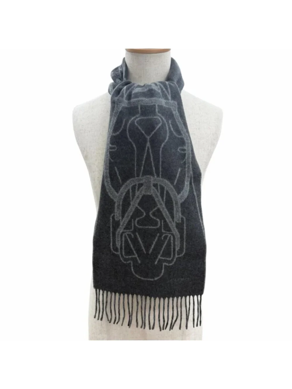 Hermes Tet A Tet Equestre Cashmere Hose Fringe Scarf Shawl Charcoal Gray