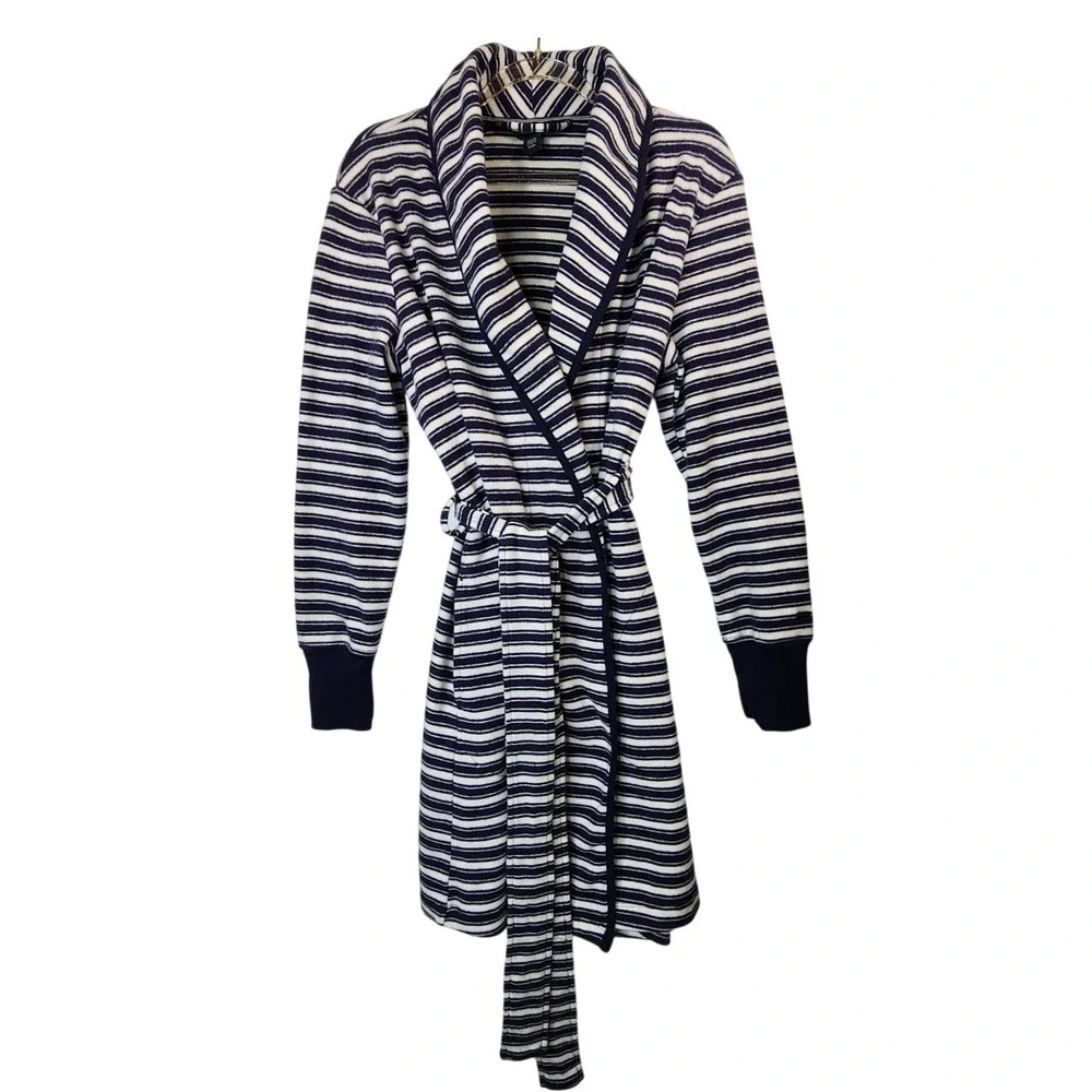 Nautica‎ Robe S Blue White Striped Fleece Preppy Coastal Nautical Loungewear