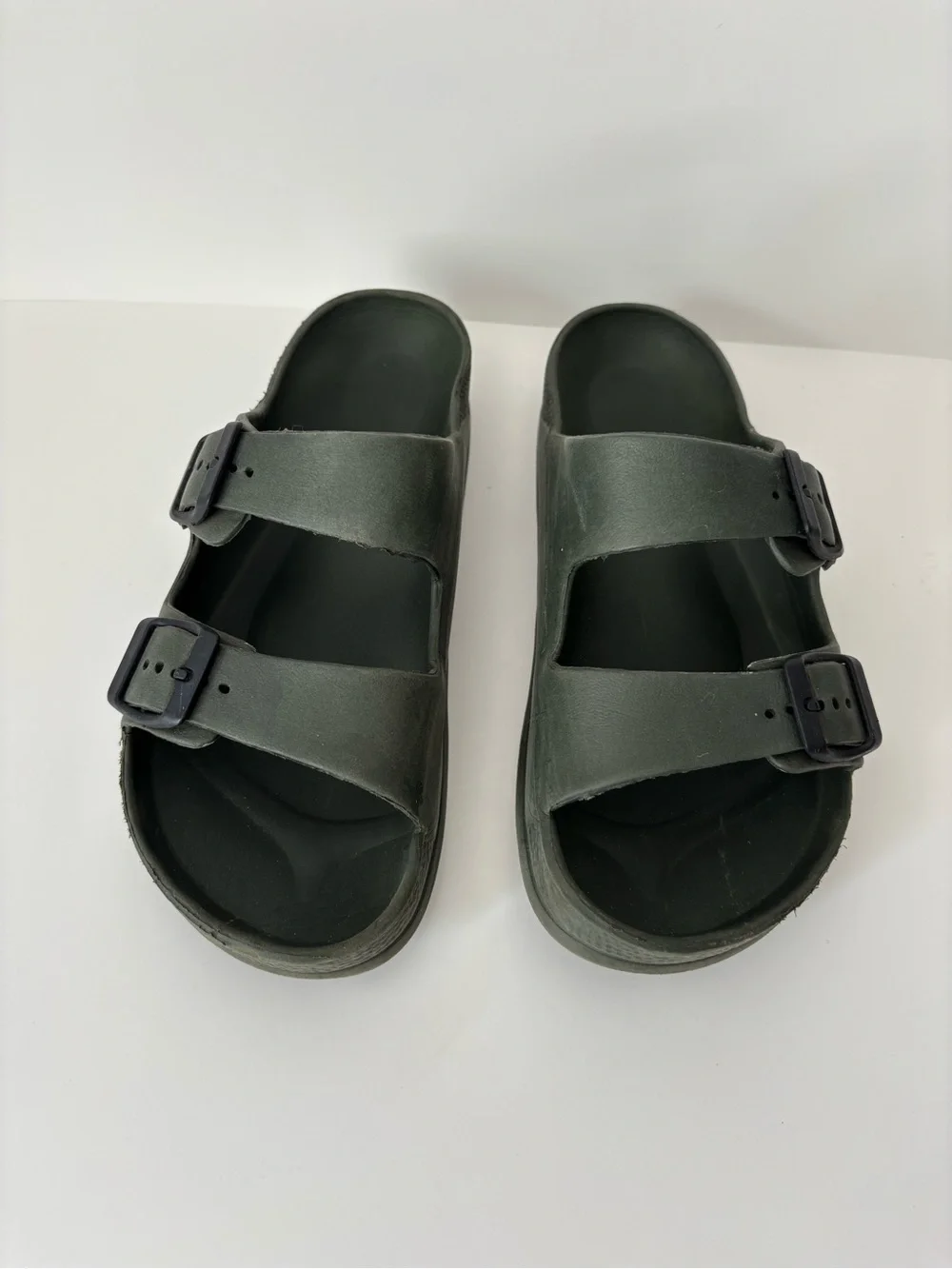 Dual-Buckle Slide Sandals in Olive Green