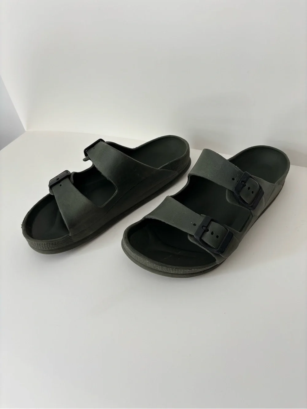 Dual-Buckle Slide Sandals in Olive Green