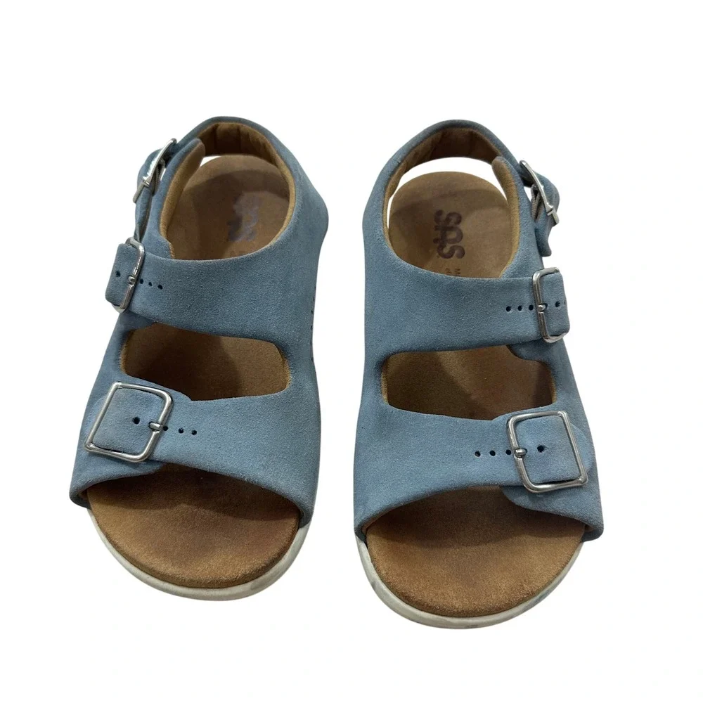 SAS Womens 6W Light Blue Suede Triple Buckle Comfort Sandals 2036843 Made in USA