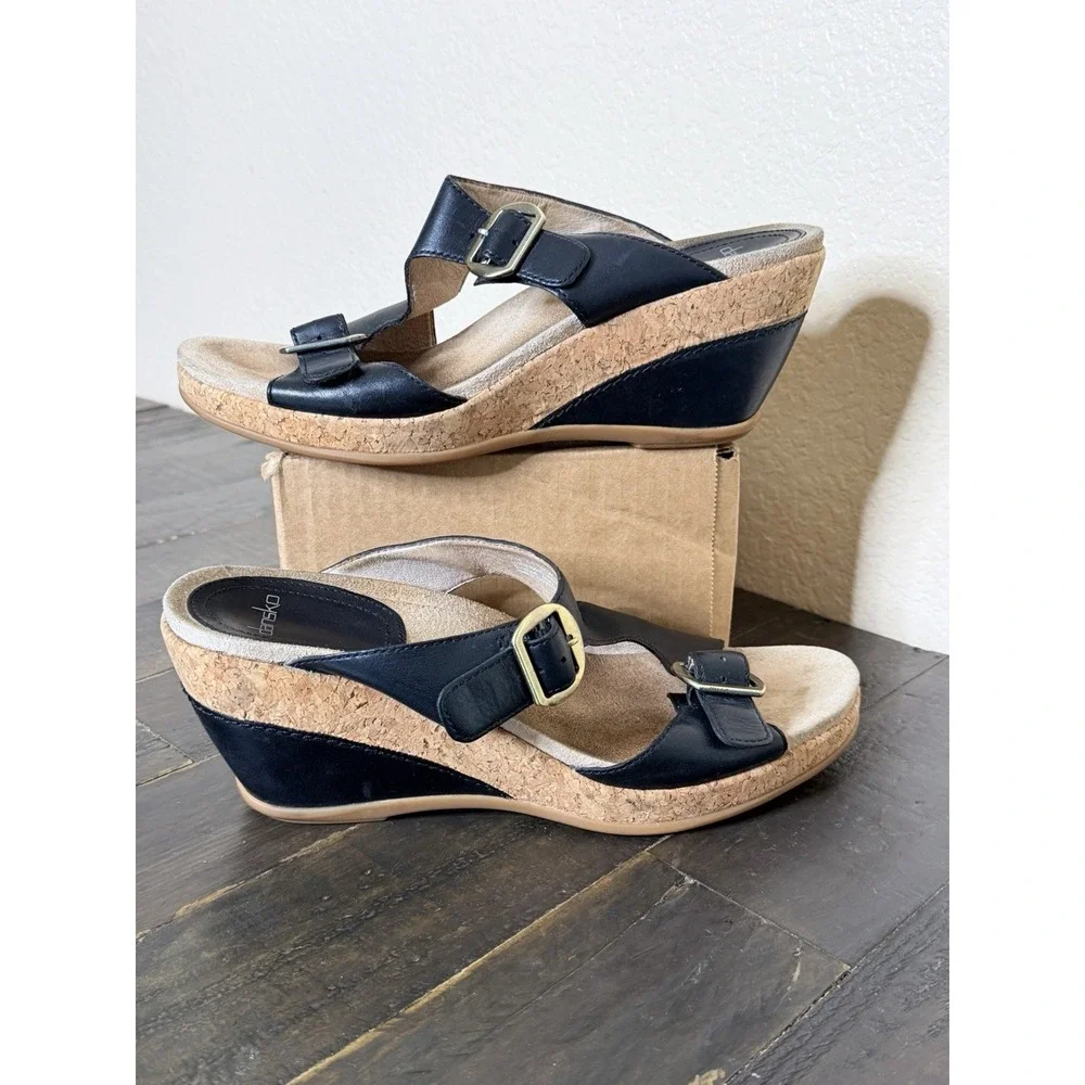 Dansko Carla Women's Black Leather Cork Wedge Slide Sandals Size 10.5 EU 41
