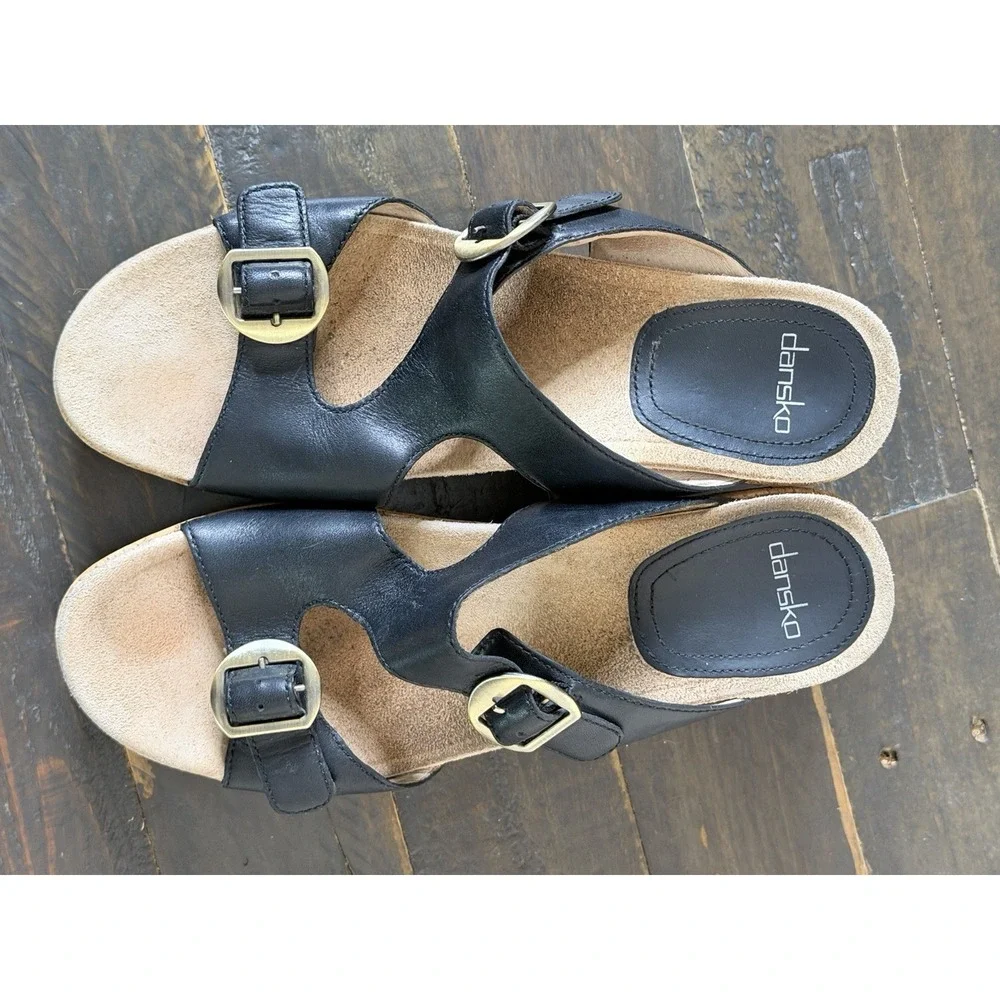 Dansko Carla Women's Black Leather Cork Wedge Slide Sandals Size 10.5 EU 41