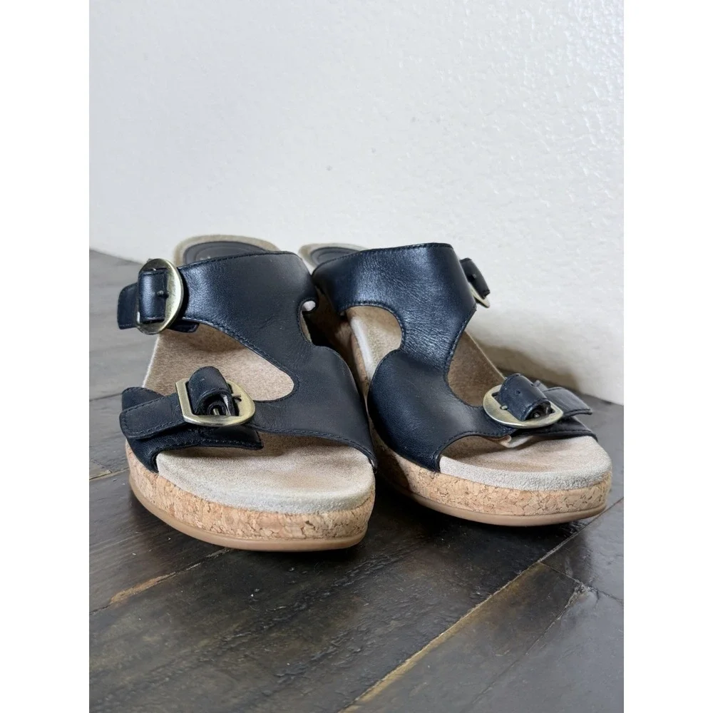 Dansko Carla Women's Black Leather Cork Wedge Slide Sandals Size 10.5 EU 41