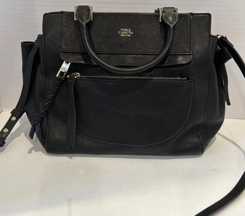 Vince Camuto Black Pebbled Leather Satchel Shoulder Bag with Gold Accents
