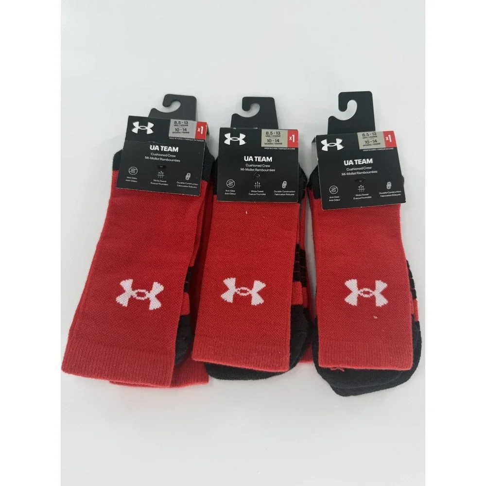 Under Armour Team 1367820 3 Pairs‎ Crew Socks Mens 7-8.5 Red Cushioning Mid Calf