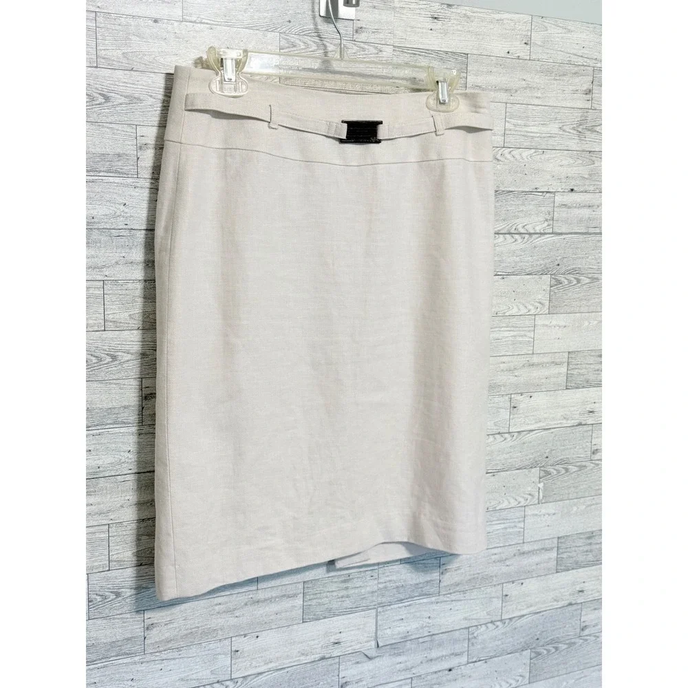 Calvin Klein Beige Linen Blend Pencil Skirt Buckle Detail Size 6‎ Professional