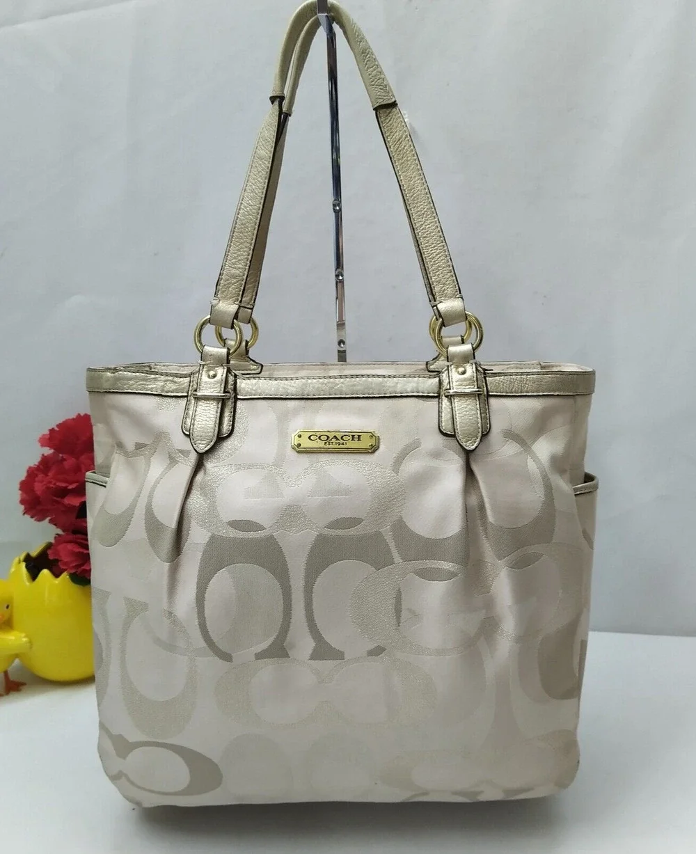Coach Signature Cream Beige Canvas Leather Trim Double Handles Tote Shoulder Bag