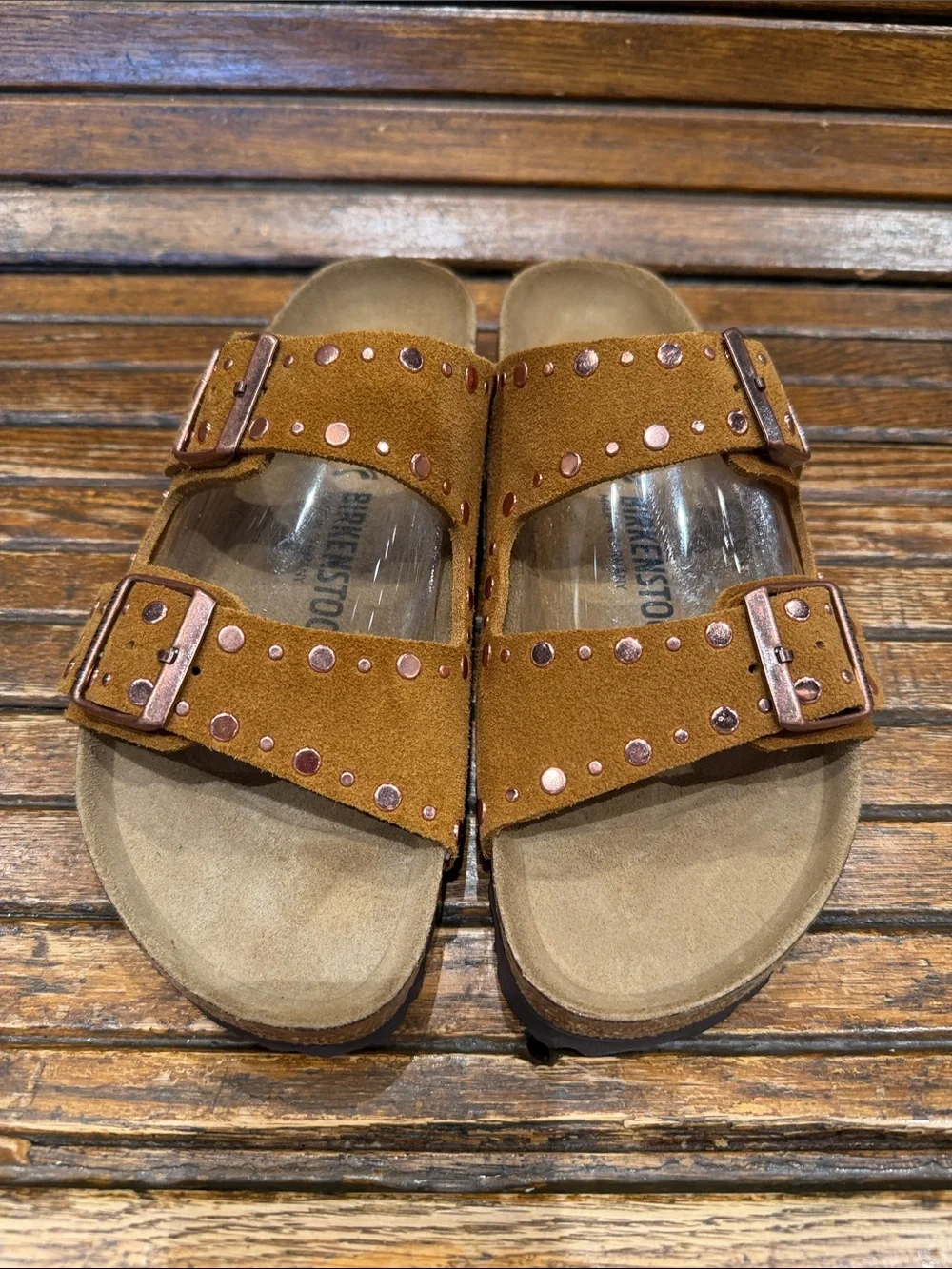 Studded Brown Suede Double Strap Sandals