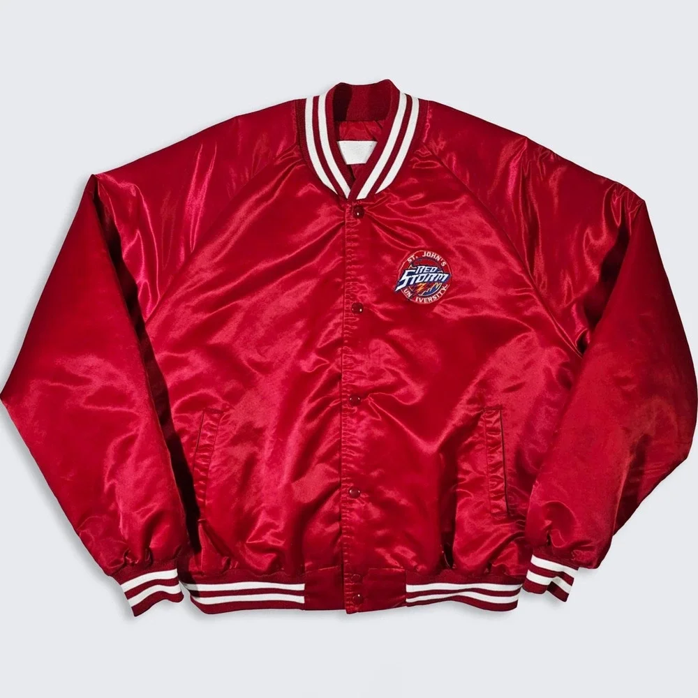 St John's Red Storm Vintage 90s Chalk Line Satin Bomber Jacket