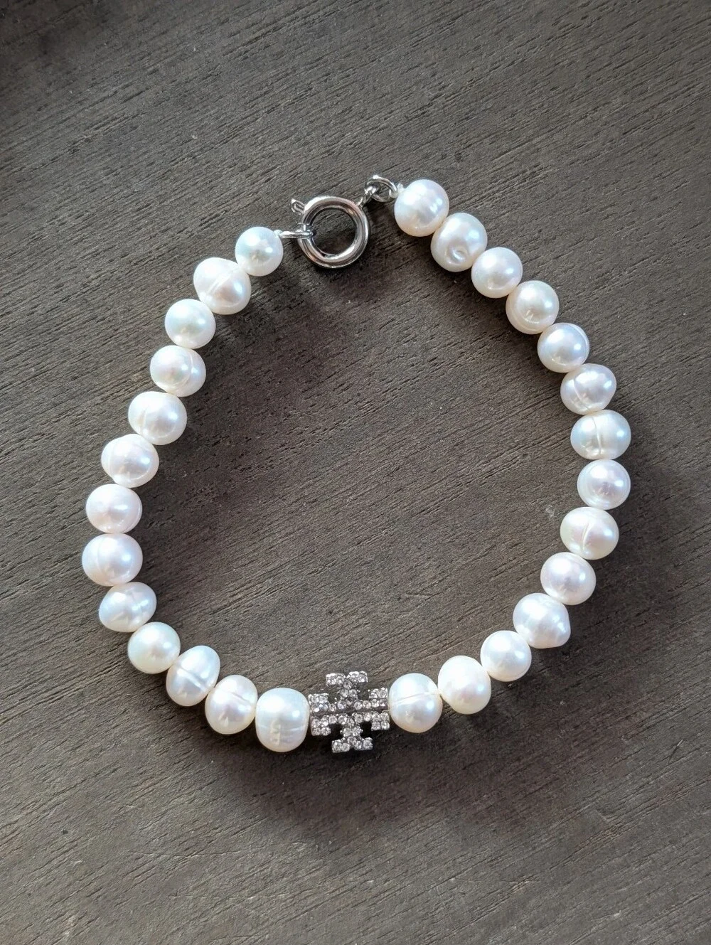 TORY BURCH Moondance Pave Pearl Double T Logo Bracelet