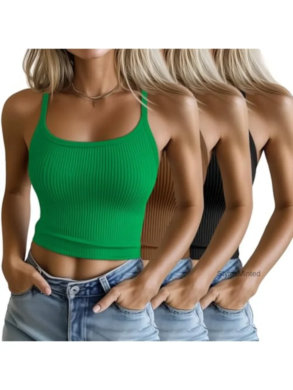 3 Pack Women's Cotton Cropped Ribbed Tank Top Spaghetti Strap Camisole Basic