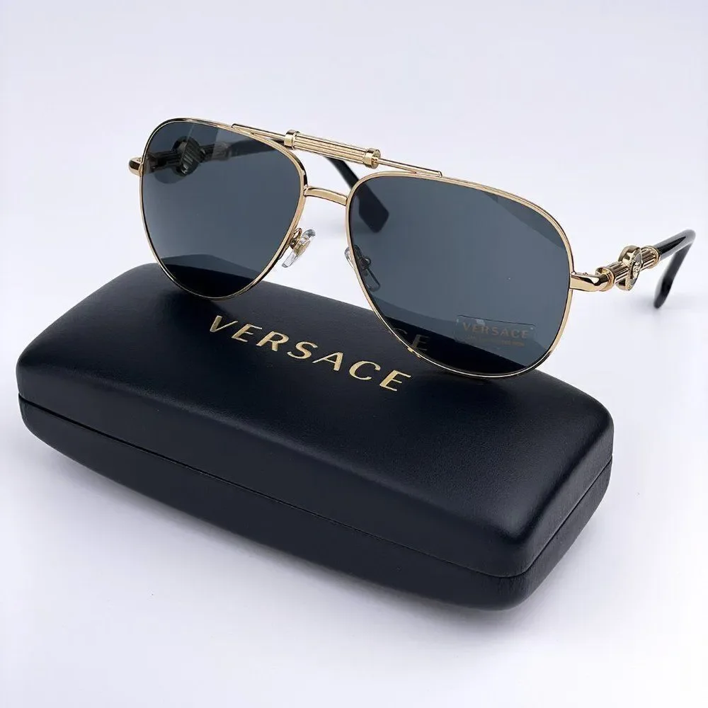 NEW Versace VE2236 100287 Gold Dark Gray Pilot Metal Unisex Sunglasses
