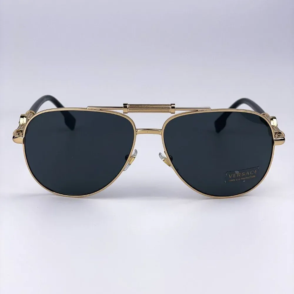 NEW Versace VE2236 100287 Gold Dark Gray Pilot Metal Unisex Sunglasses