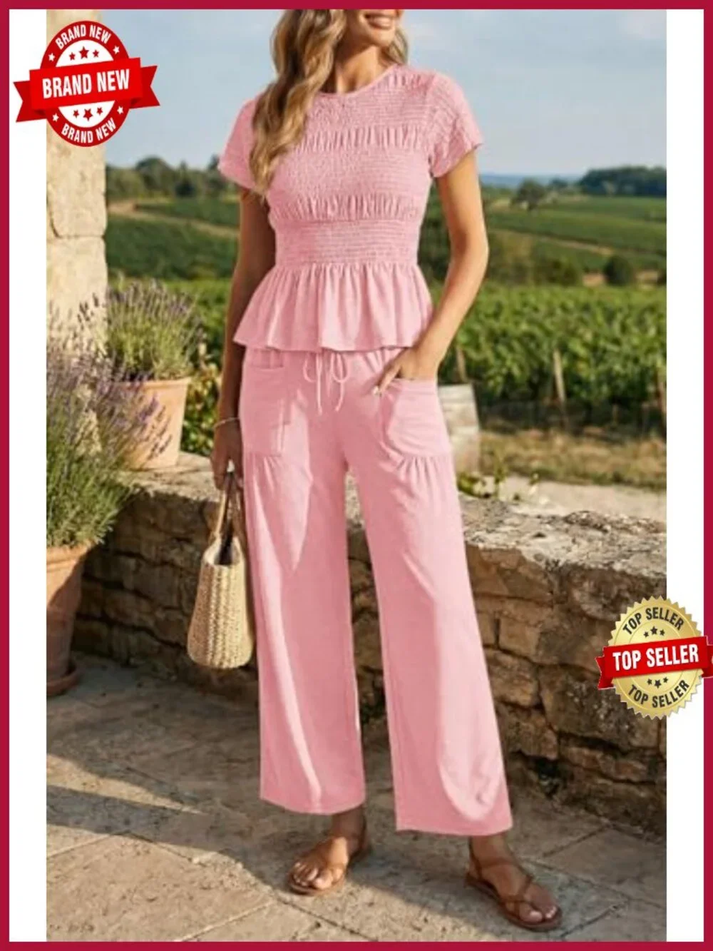 Womens 2 Piece Lounge Set Smocked Top Wide Leg Pants Ruffle Hem Summer