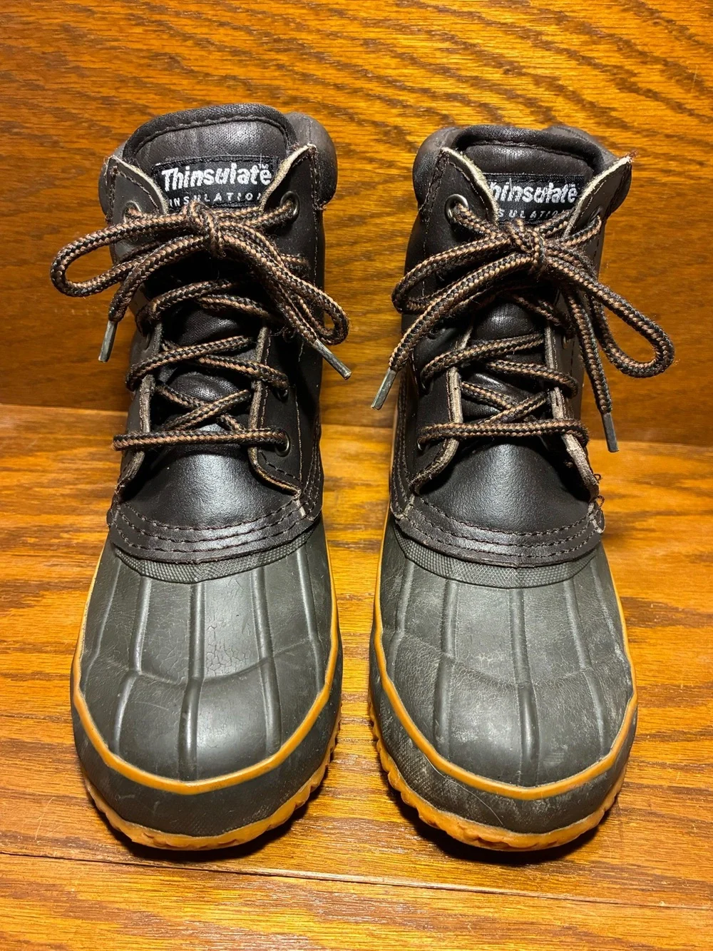 VTG Kids Thinsulate Insulation Steel Shank Duck Boots Brown Leather Green Rubber