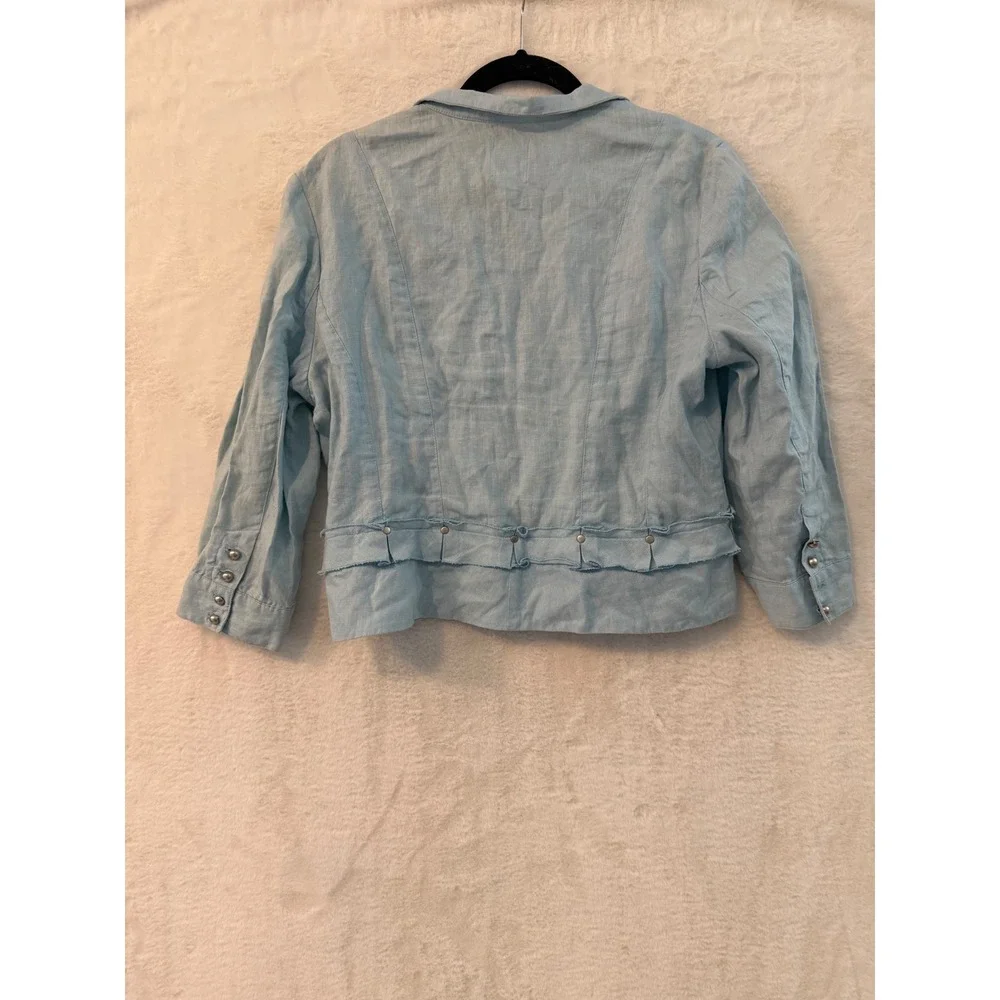 Think Tank Women L 100% Linen Ruffle Hook Eye Cropped Jacket Blazer 3/4 Sleeve