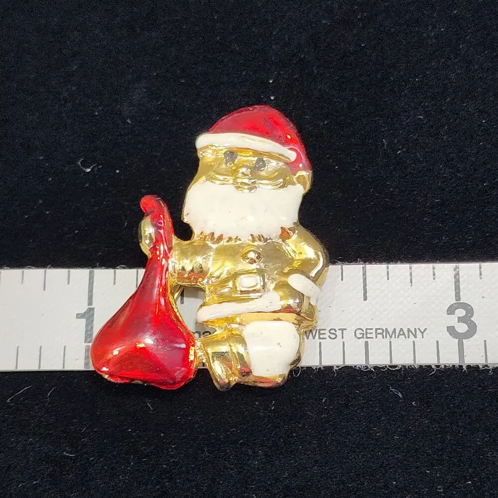 Santa Claus Carrying Toy Bag Brooch Gold Toned Red-White Enamel Detail Vintage