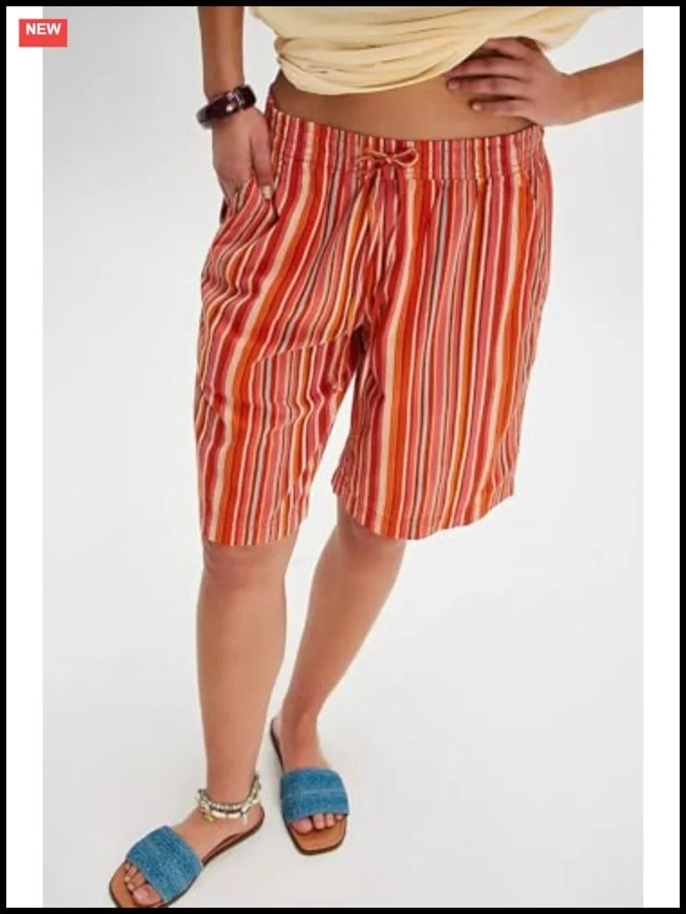 Women's Cotton Stripe Bermuda Shorts with Pockets, Drawstring Waist