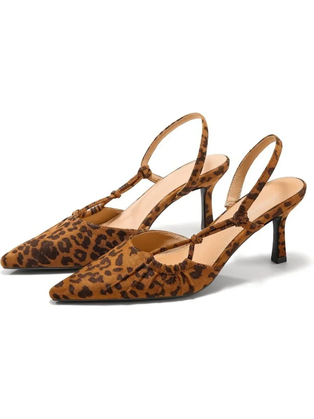 Women's Leopard Slingback Kitten Heels Closed Pointed Toe Backless Pump Shoes