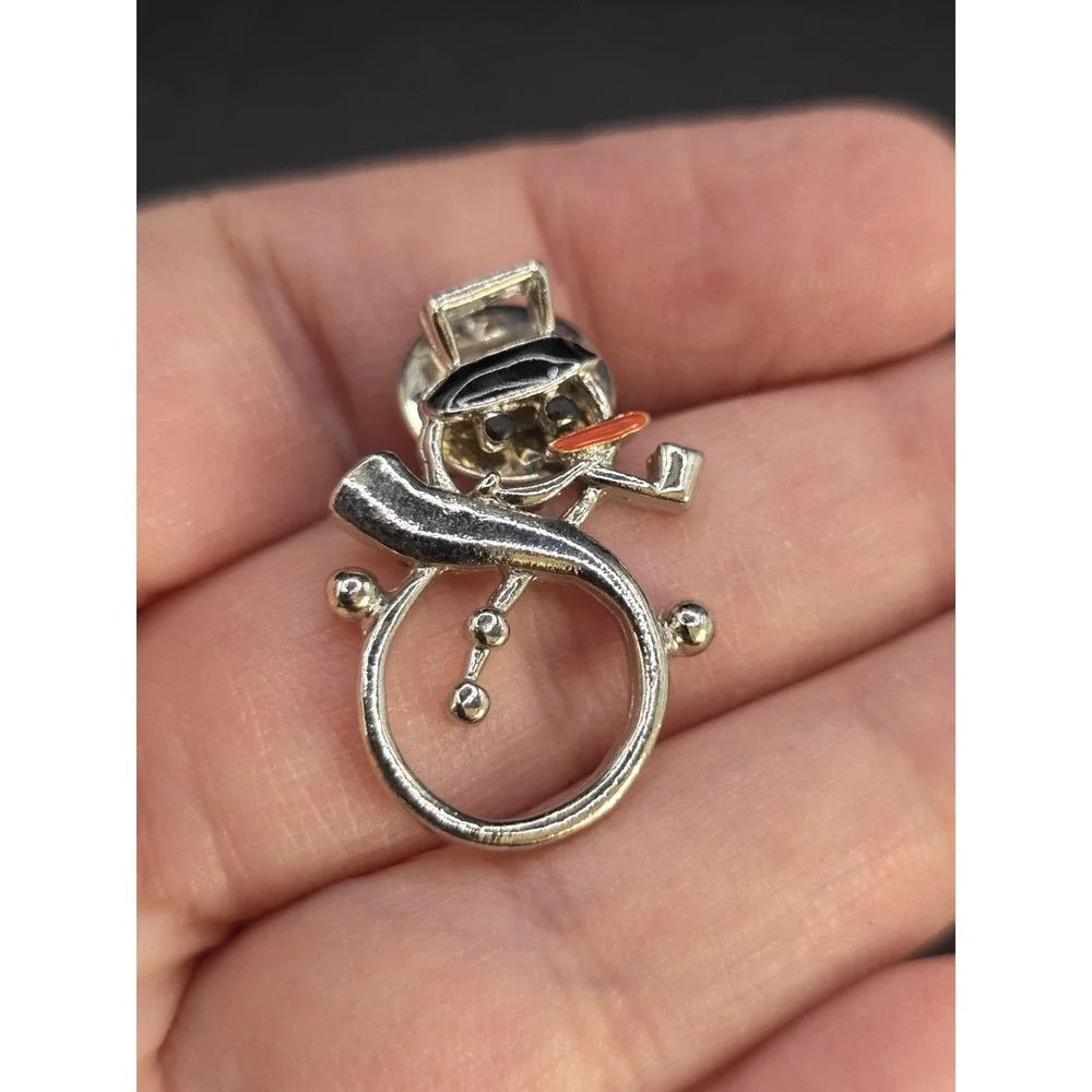 vintage silver-tone Christmas snowman brooch pin with enamel accents