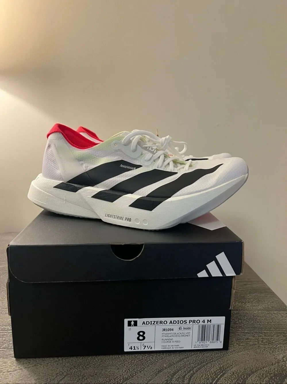 Adidas Adizero Adios Pro 4 Running Shoes Men’s Size 8 White/Black JR1094 NWT