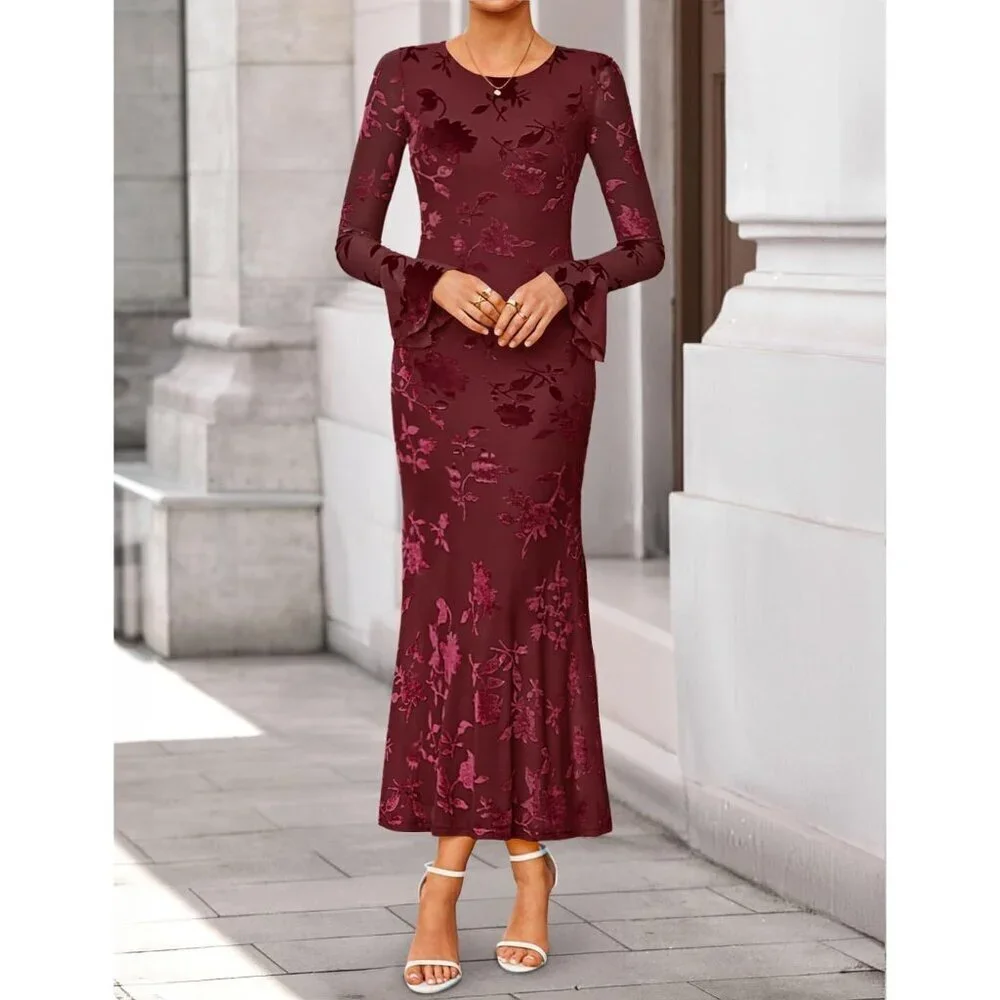 Women's Wine Long Sleeve Spring Fashion Bodycon Mesh Floral Maxi Dress