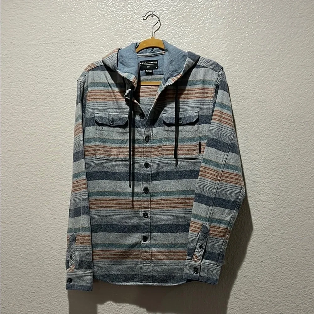 Men's Striped Hooded Jacket Button Down Gray‎ Blue Sz Small Casual