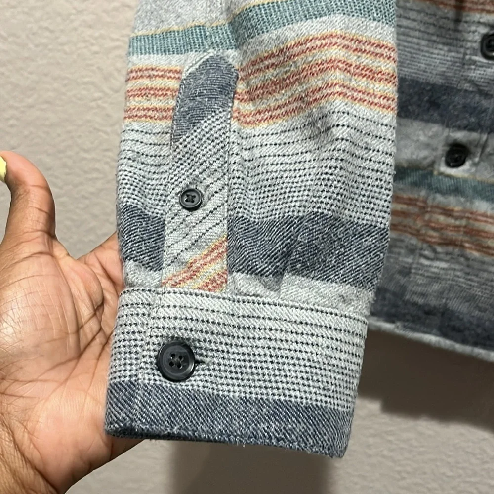 Men's Striped Hooded Jacket Button Down Gray‎ Blue Sz Small Casual