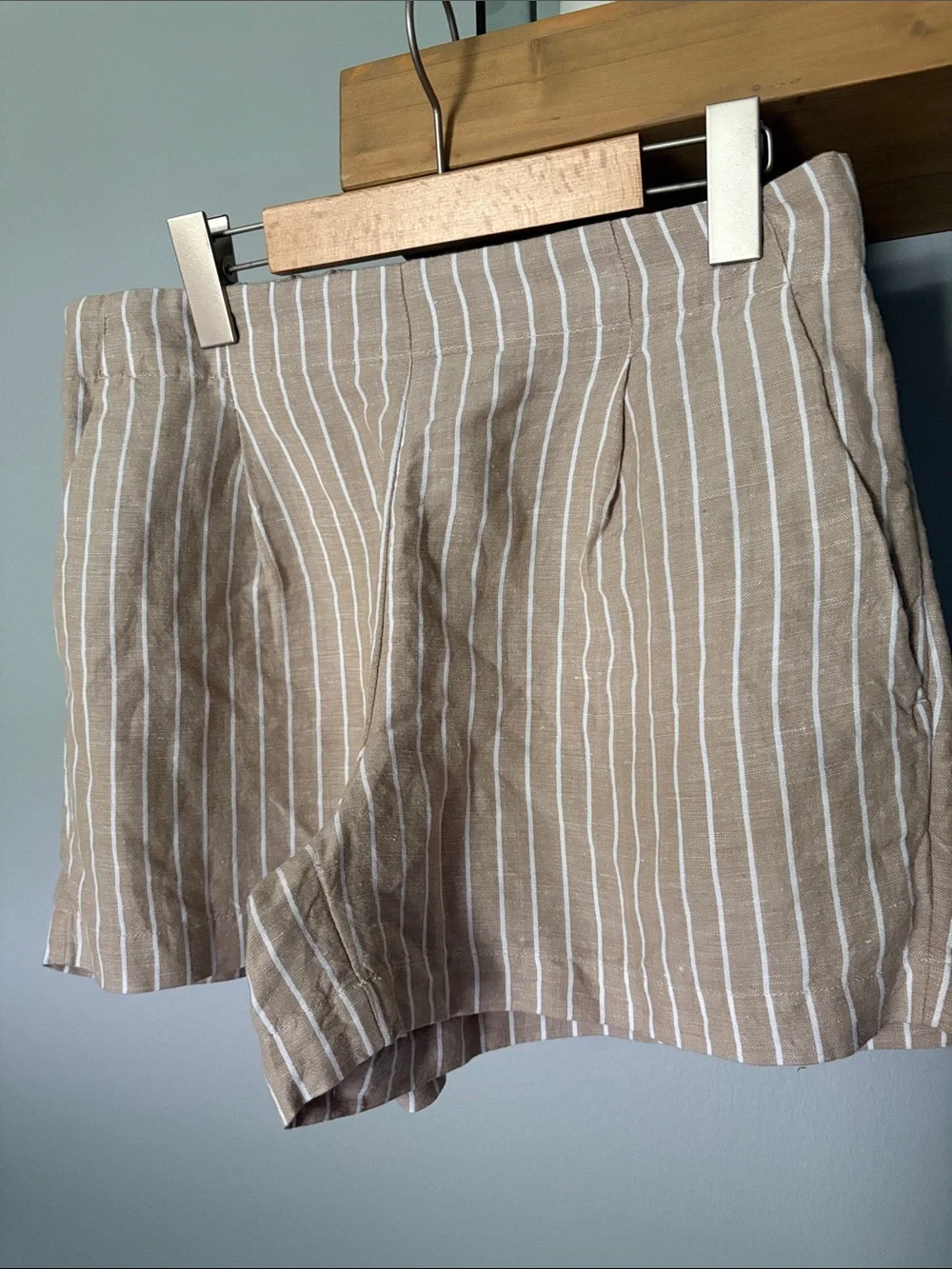 LOFT Tan and White Striped Linen Blend Shorts