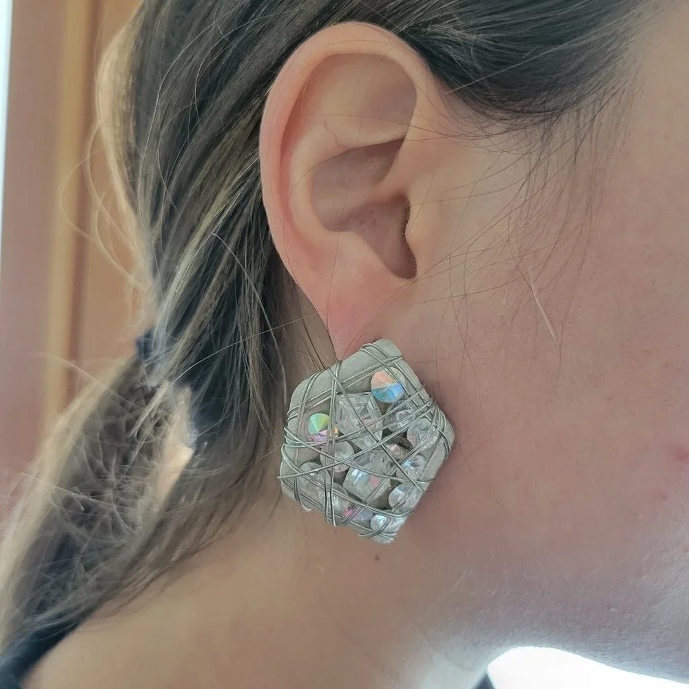 Vintage Leather & Crystal Geometric Shape Earrings