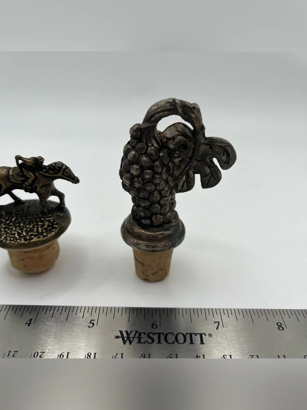 Vintage Silver Tone & Brass Toned Metal Bottle Stoppers - Set of 2, Jockey Grape