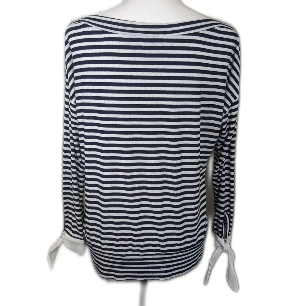 Stella & Dot lightweight white & navy blue striped boat neck sweater L