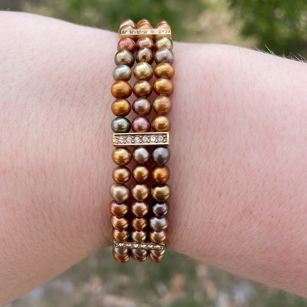 Gold Tone Three Strand Bracelet with Cultured Pearls and Rhinestones