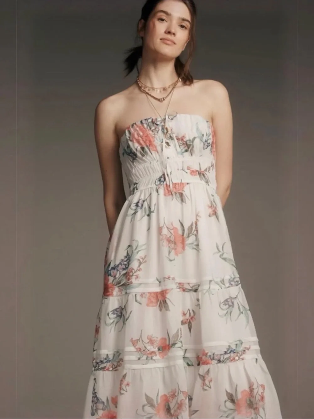 Anthropologies Somerset Strapless Smocked Floral Midi Dress Ivory Cottagecore M