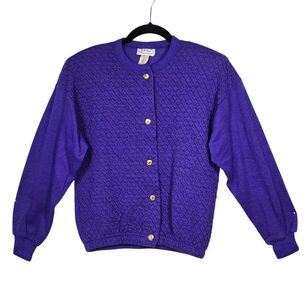 JS Neal Vintage Purple Quilted Cardigan Sweater Gold Lurex Shoulder Pads Small‎