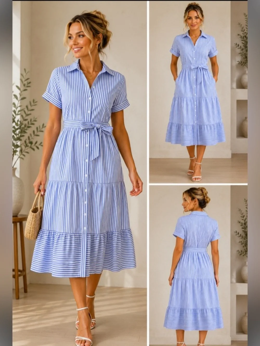 SHEIN Blue & White Striped Button Front Tiered Maxi Shirt Dress Size Medium
